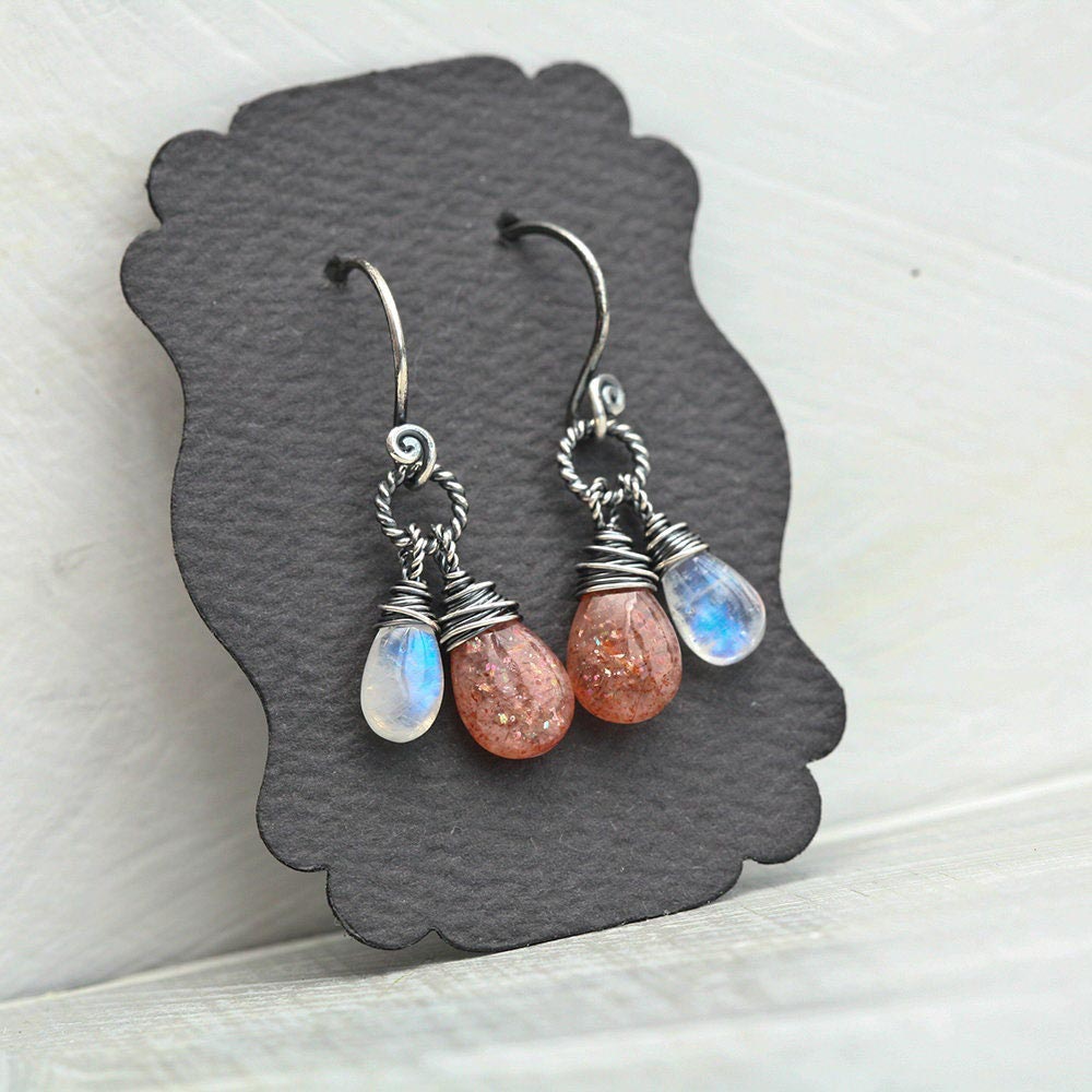 Solar Eclipse - Sunstone & Moonstone Wire Wrapped Smooth Briolette Blackened Sterling Silver Earrings
