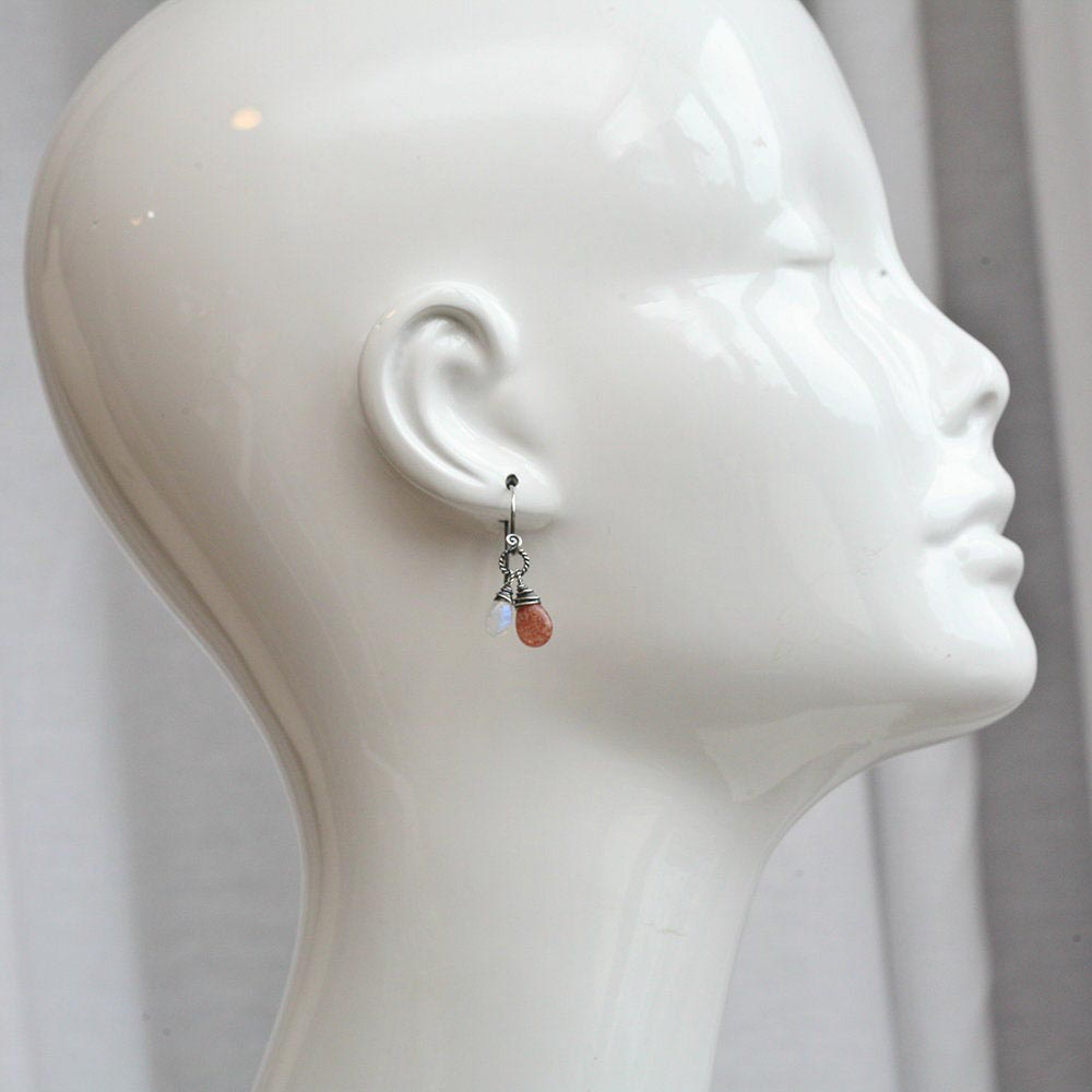 Solar Eclipse - Sunstone & Moonstone Wire Wrapped Smooth Briolette Blackened Sterling Silver Earrings