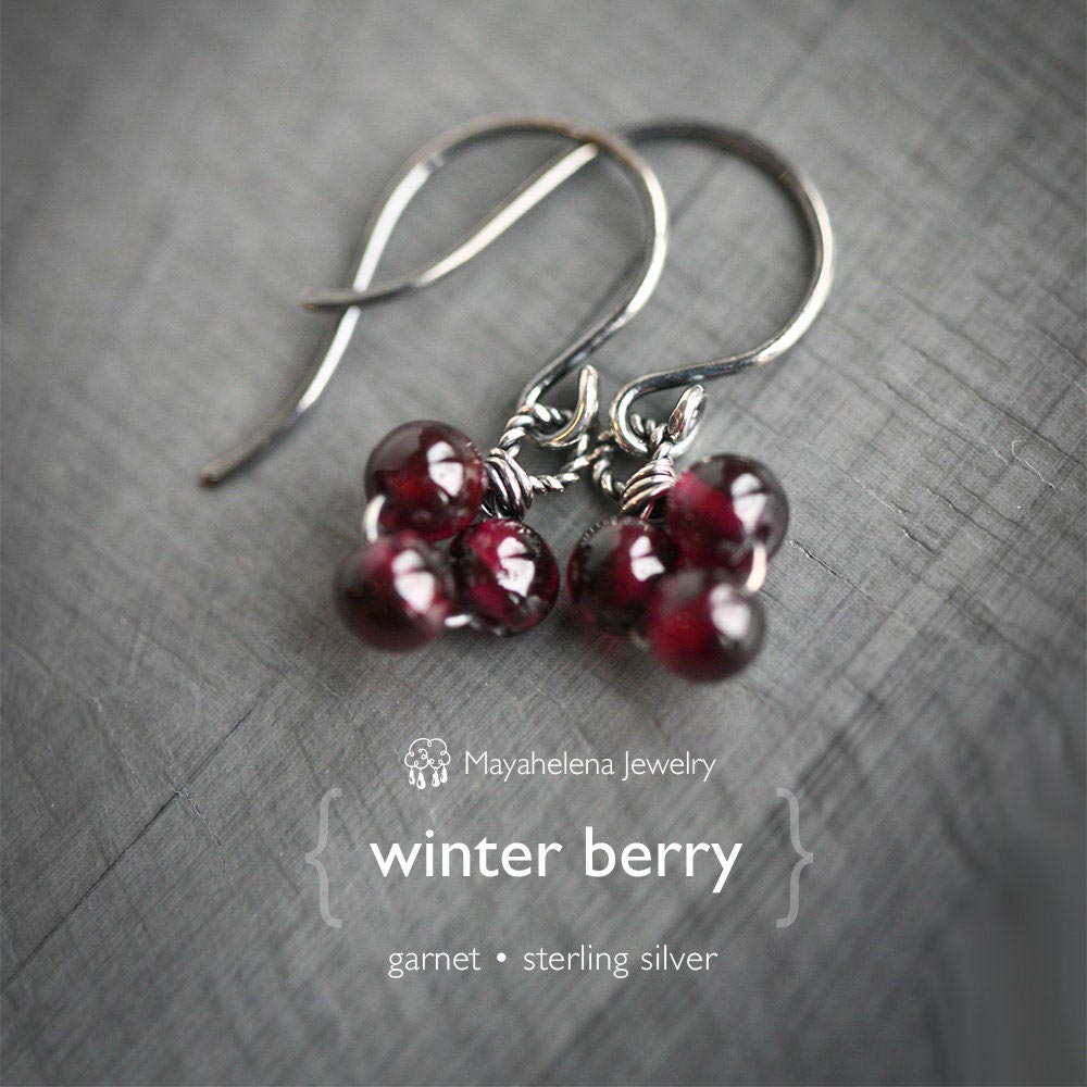 Winter Berry  - Garnet Rounds Drop Sterling Silver Earrings