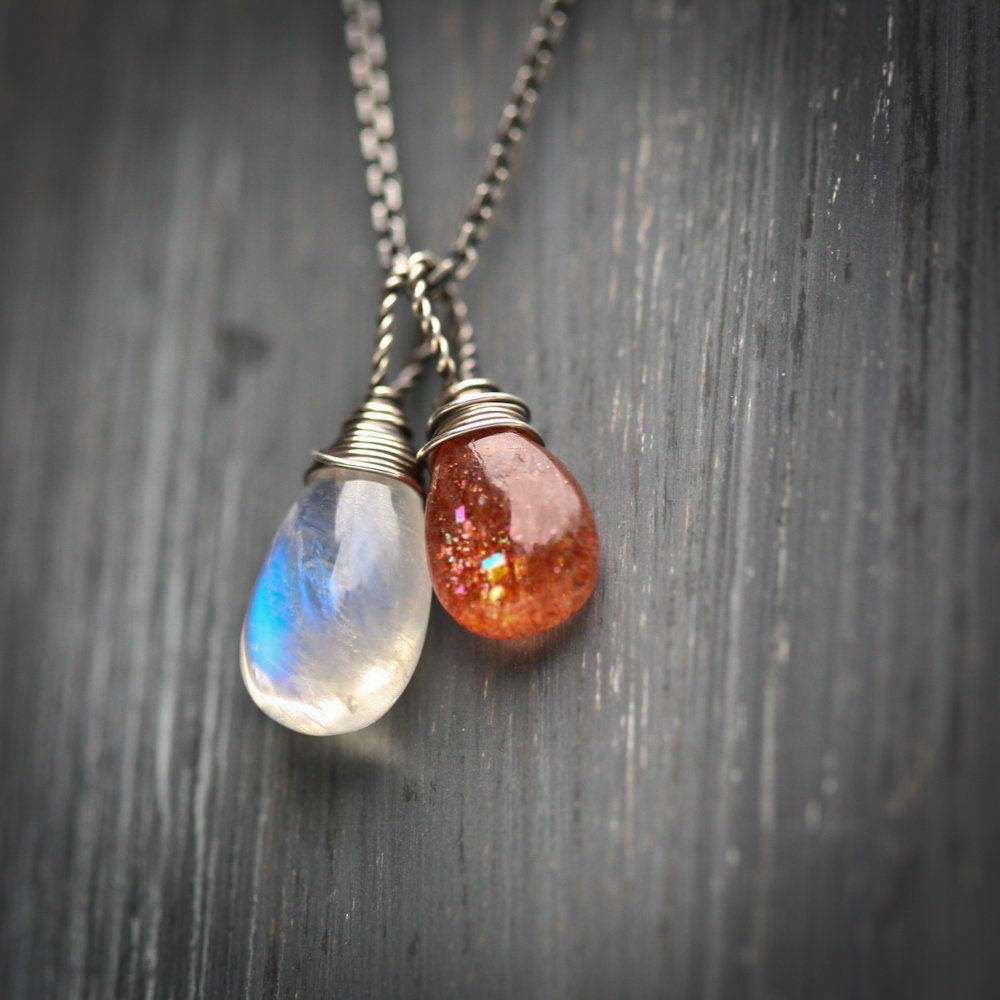 Lunar Eclipse - Moonstone and Sunstone Wire Wrapped Sterling Silver Necklace