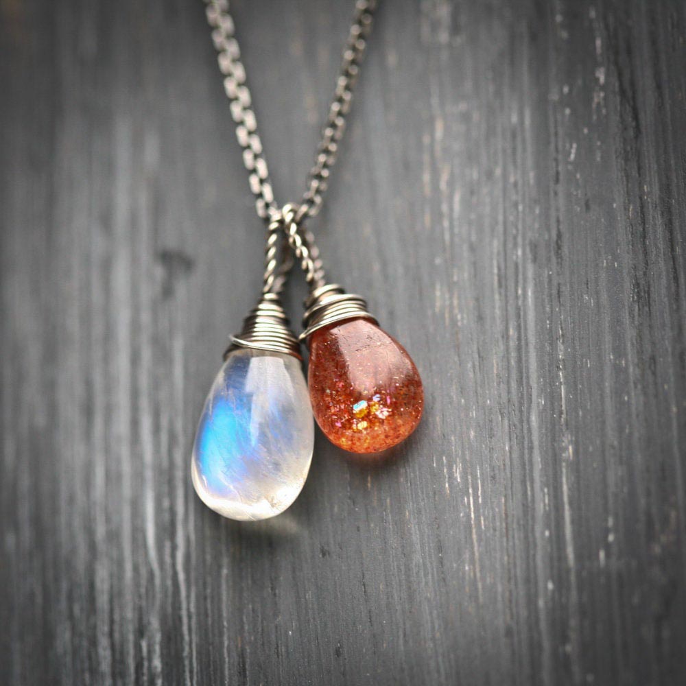 Lunar Eclipse - Moonstone and Sunstone Wire Wrapped Sterling Silver Necklace