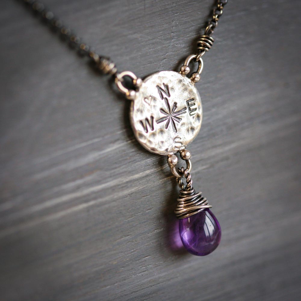 Find Your Way - Amethyst with Compass Charm Sterling Silver Necklace