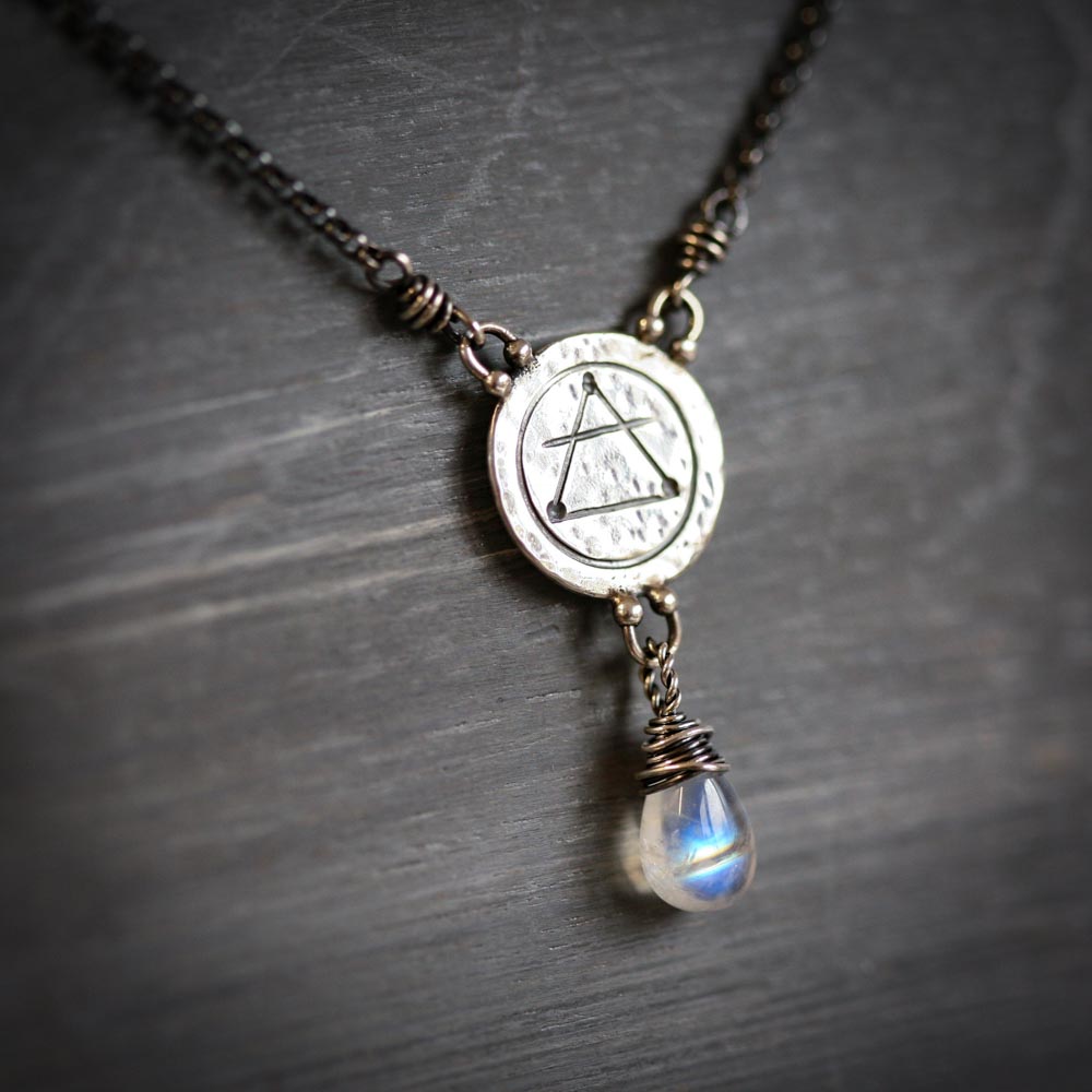 Elements: Air - Rainbow Moonstone with Alchemy Charm Sterling Silver Necklace
