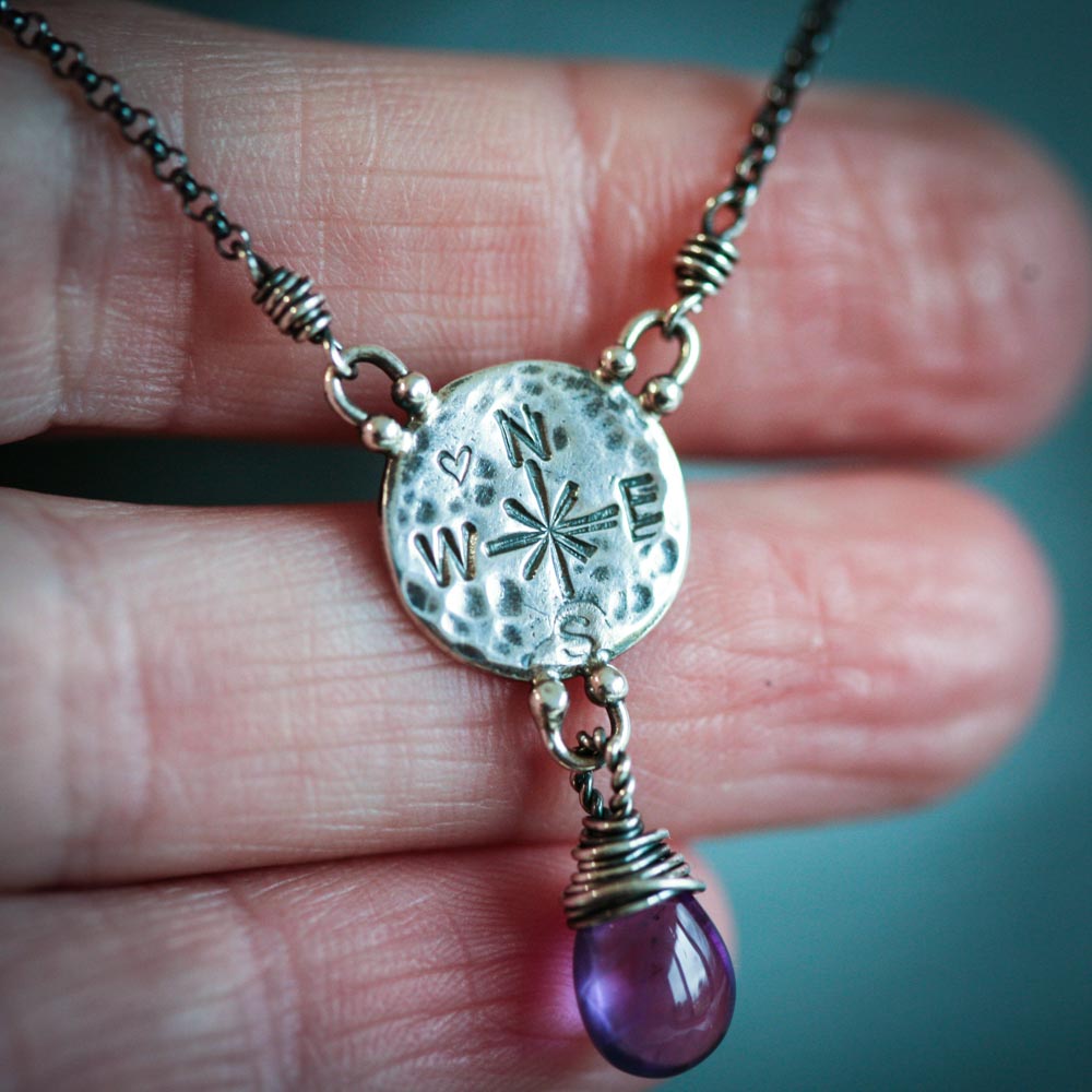Find Your Way - Amethyst with Compass Charm Sterling Silver Necklace