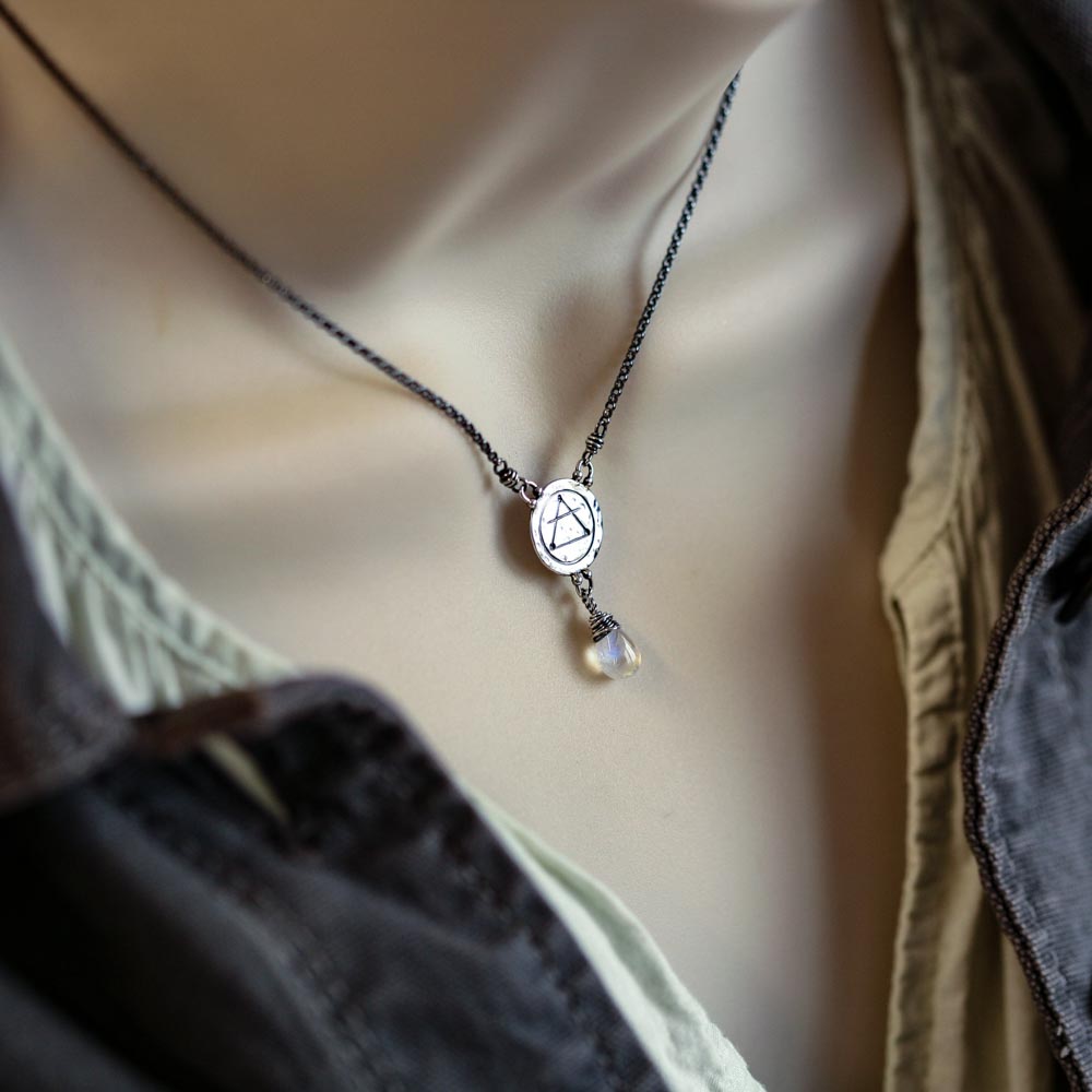 Elements: Air - Rainbow Moonstone with Alchemy Charm Sterling Silver Necklace