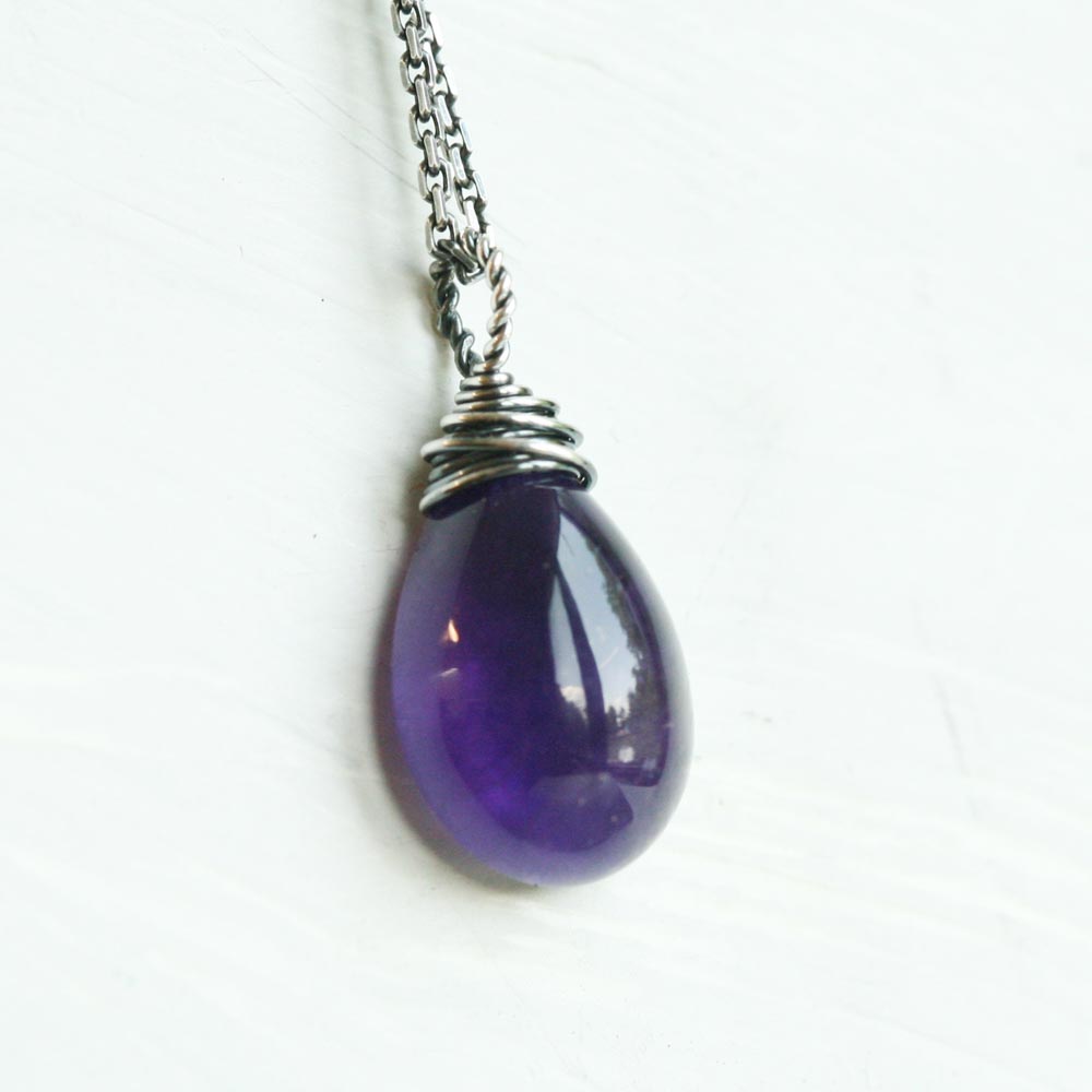 April Love - Smooth Purple Amethyst Solitaire Wire Wrapped Sterling Silver Necklace - February Birthstone