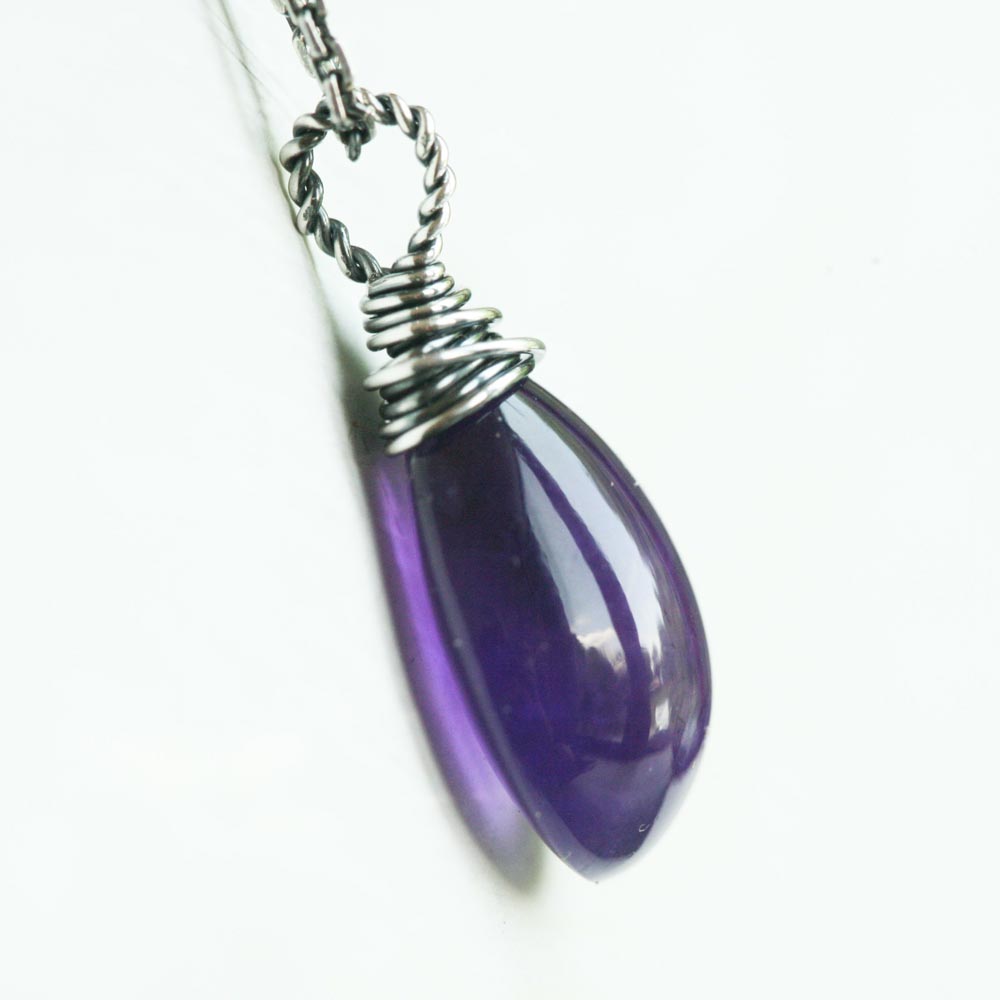 April Love - Smooth Purple Amethyst Solitaire Wire Wrapped Sterling Silver Necklace - February Birthstone