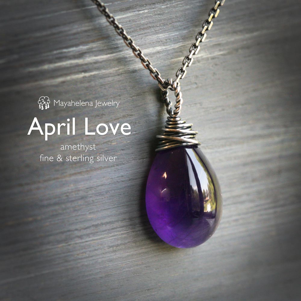 April Love - Smooth Purple Amethyst Solitaire Wire Wrapped Sterling Silver Necklace - February Birthstone