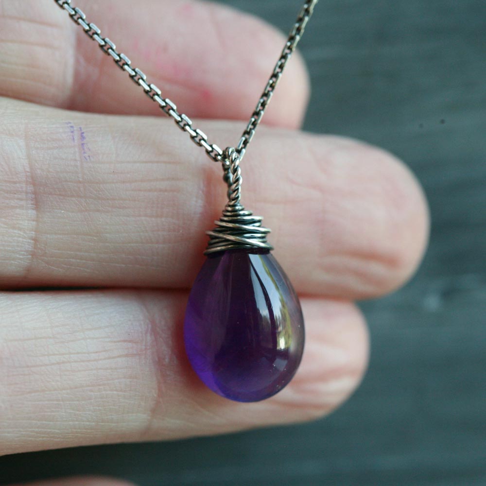 April Love - Smooth Purple Amethyst Solitaire Wire Wrapped Sterling Silver Necklace - February Birthstone
