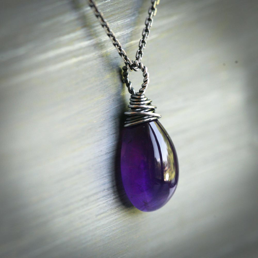 April Love - Smooth Purple Amethyst Solitaire Wire Wrapped Sterling Silver Necklace - February Birthstone