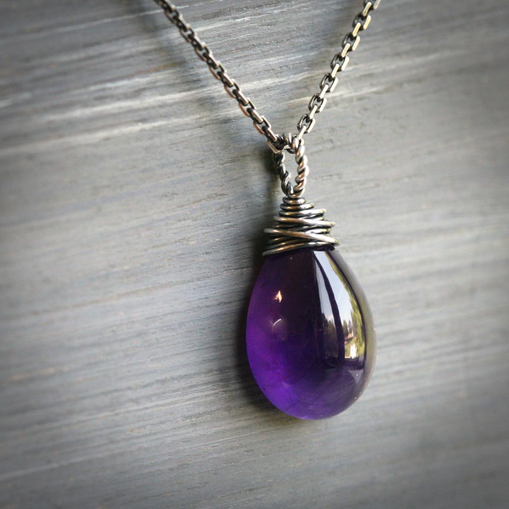 April Love - Smooth Purple Amethyst Solitaire Wire Wrapped Sterling Silver Necklace - February Birthstone