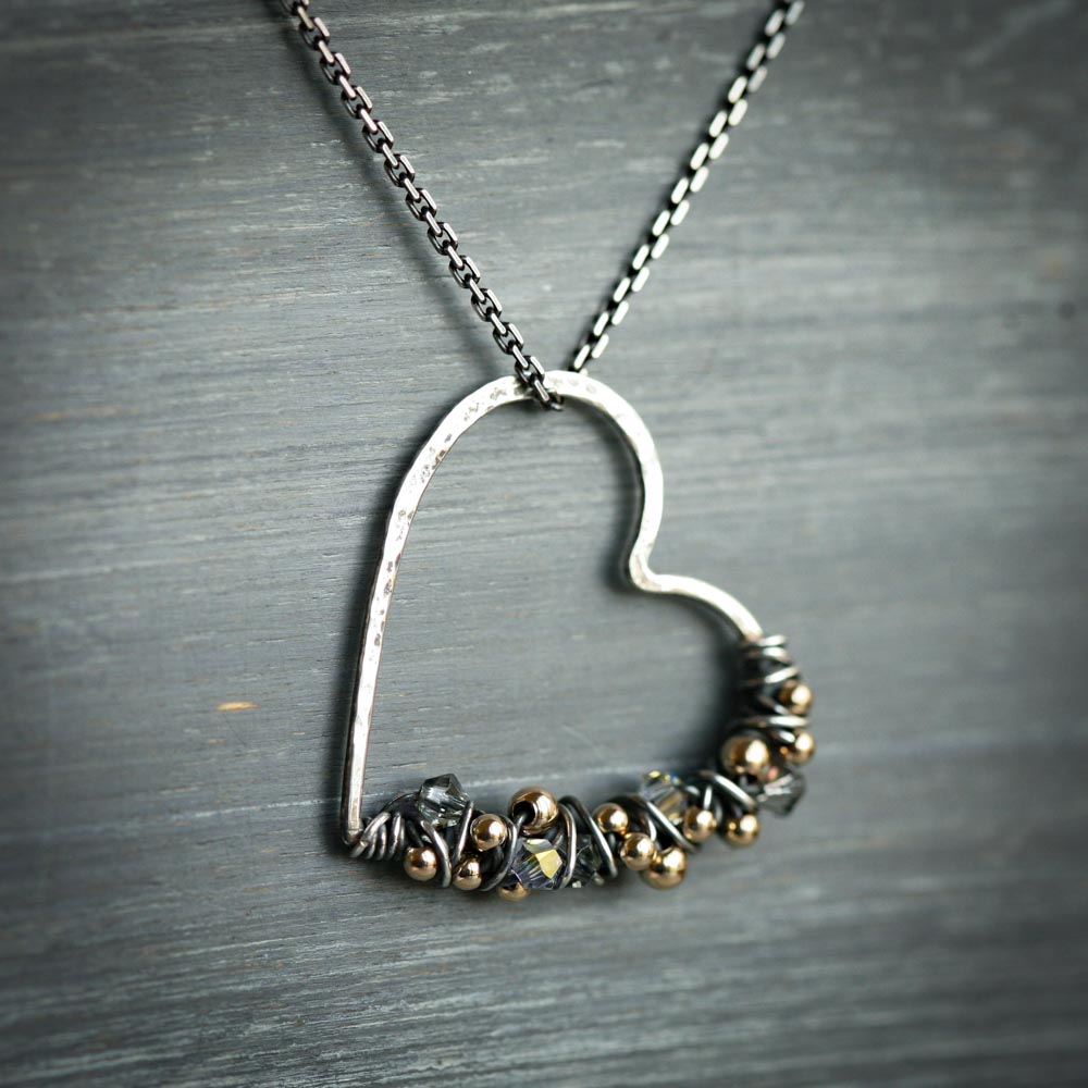Knotted Heart - Free Form Wire Wrapped Heart with Gold Filled Accent Beads Sterling Silver Neckalce