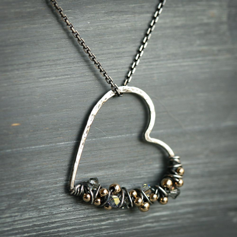 Knotted Heart - Free Form Wire Wrapped Heart with Gold Filled Accent Beads Sterling Silver Neckalce