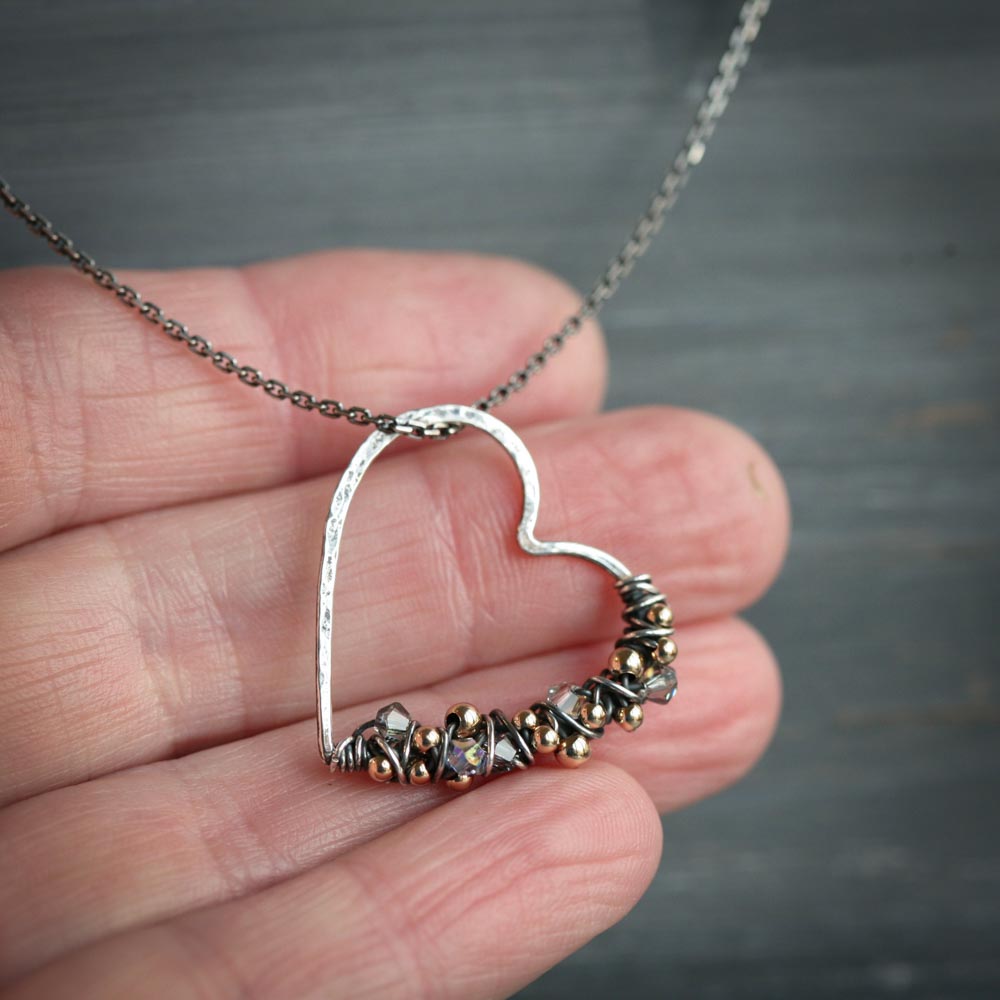 Knotted Heart - Free Form Wire Wrapped Heart with Gold Filled Accent Beads Sterling Silver Neckalce