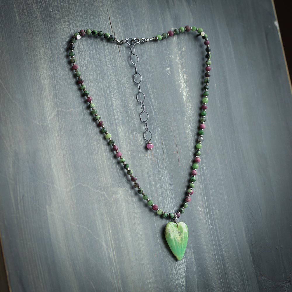 April Love -  Serpentine Heart Ruby in Zoisite Pyrite Sterling Silver Necklace