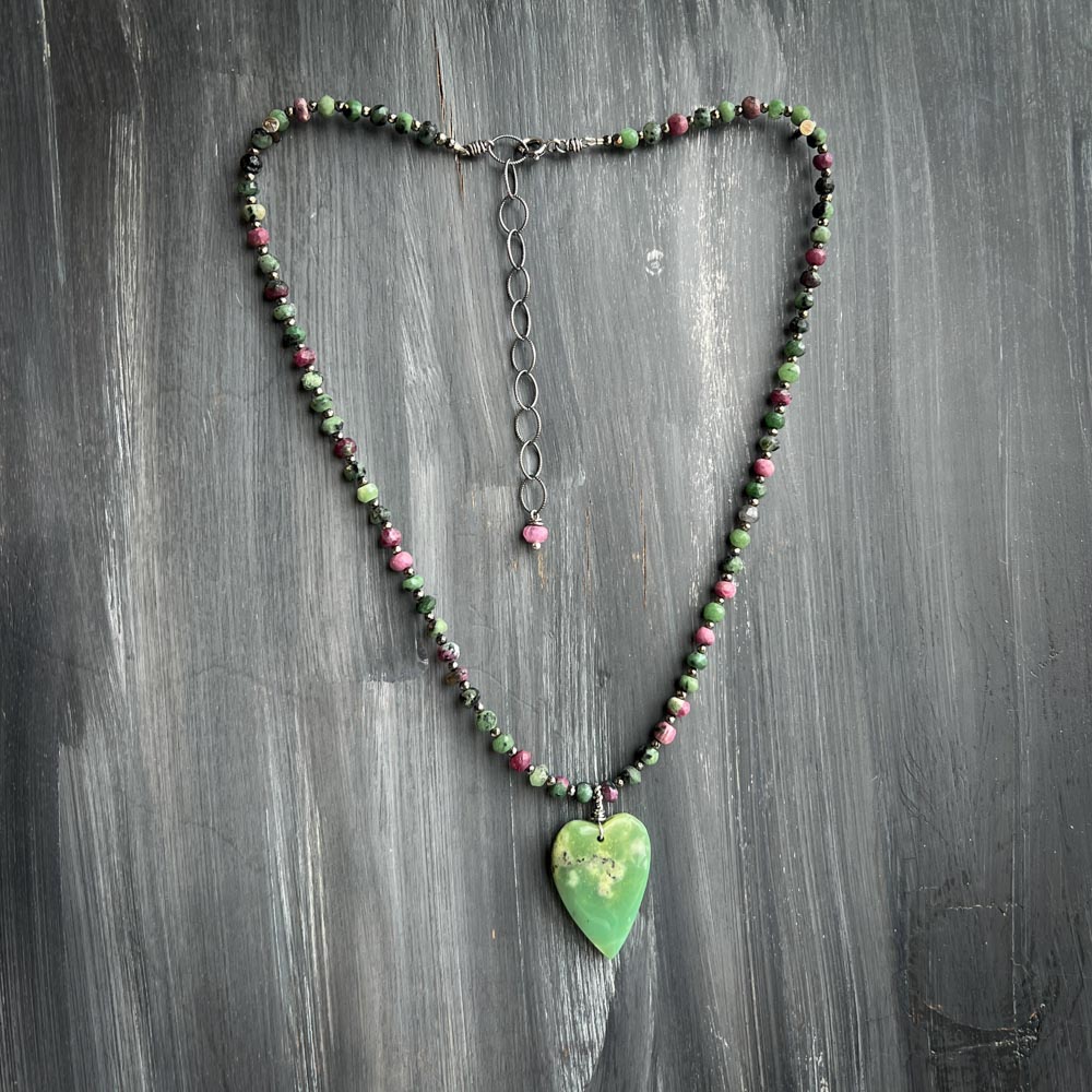 April Love -  Serpentine Heart Ruby in Zoisite Pyrite Sterling Silver Necklace