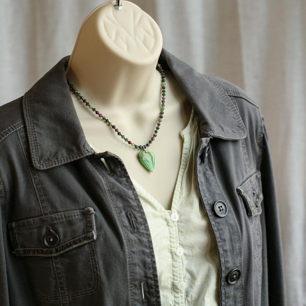April Love -  Serpentine Heart Ruby in Zoisite Pyrite Sterling Silver Necklace