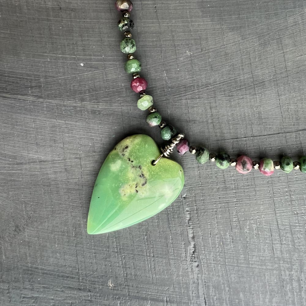 April Love -  Serpentine Heart Ruby in Zoisite Pyrite Sterling Silver Necklace