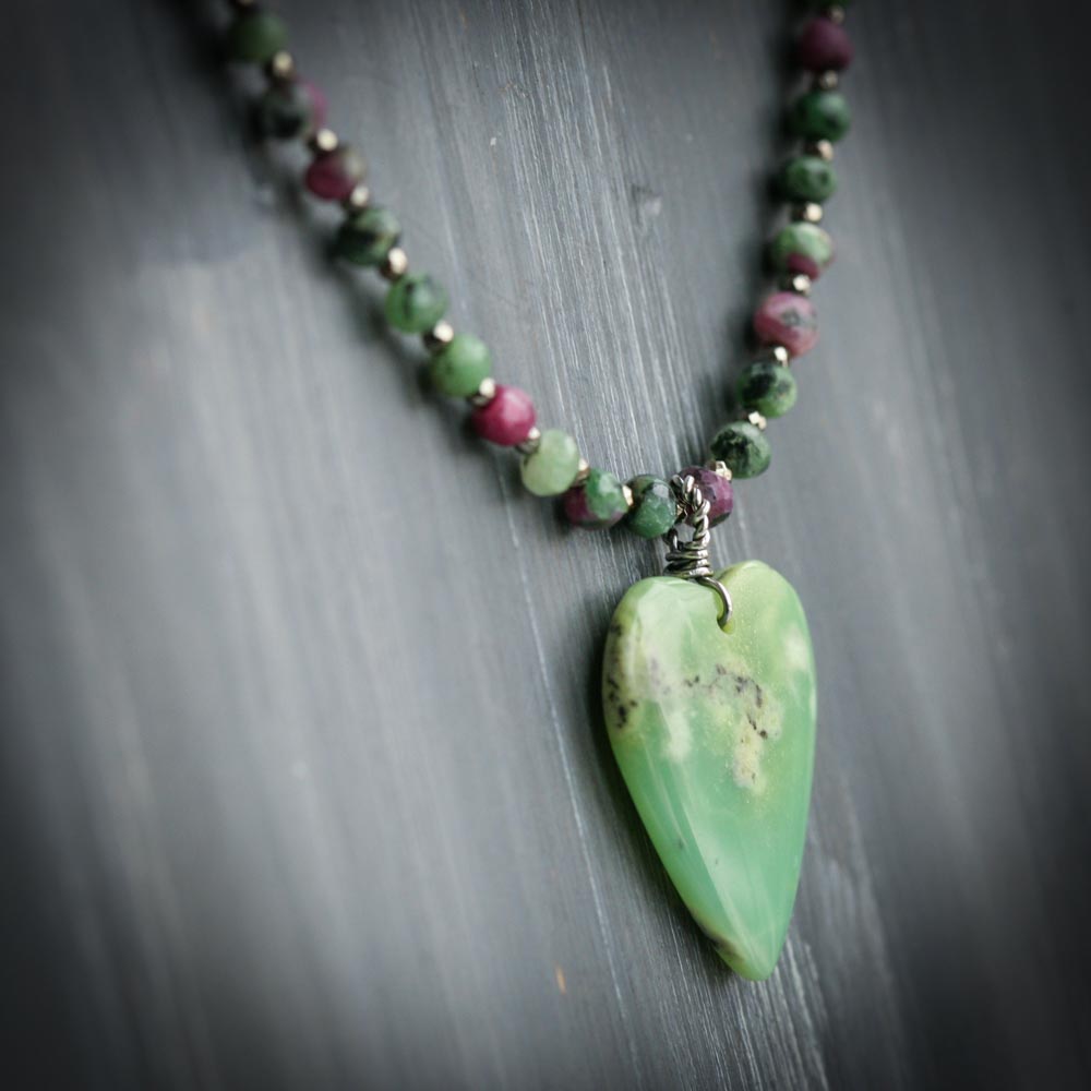 April Love -  Serpentine Heart Ruby in Zoisite Pyrite Sterling Silver Necklace