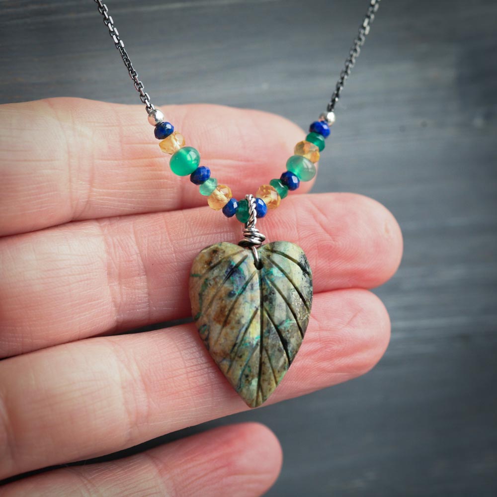 Earthy -  Chrysocolla Heart Leaf Chalcedony Lapis Citrine Sterling Silver Necklace