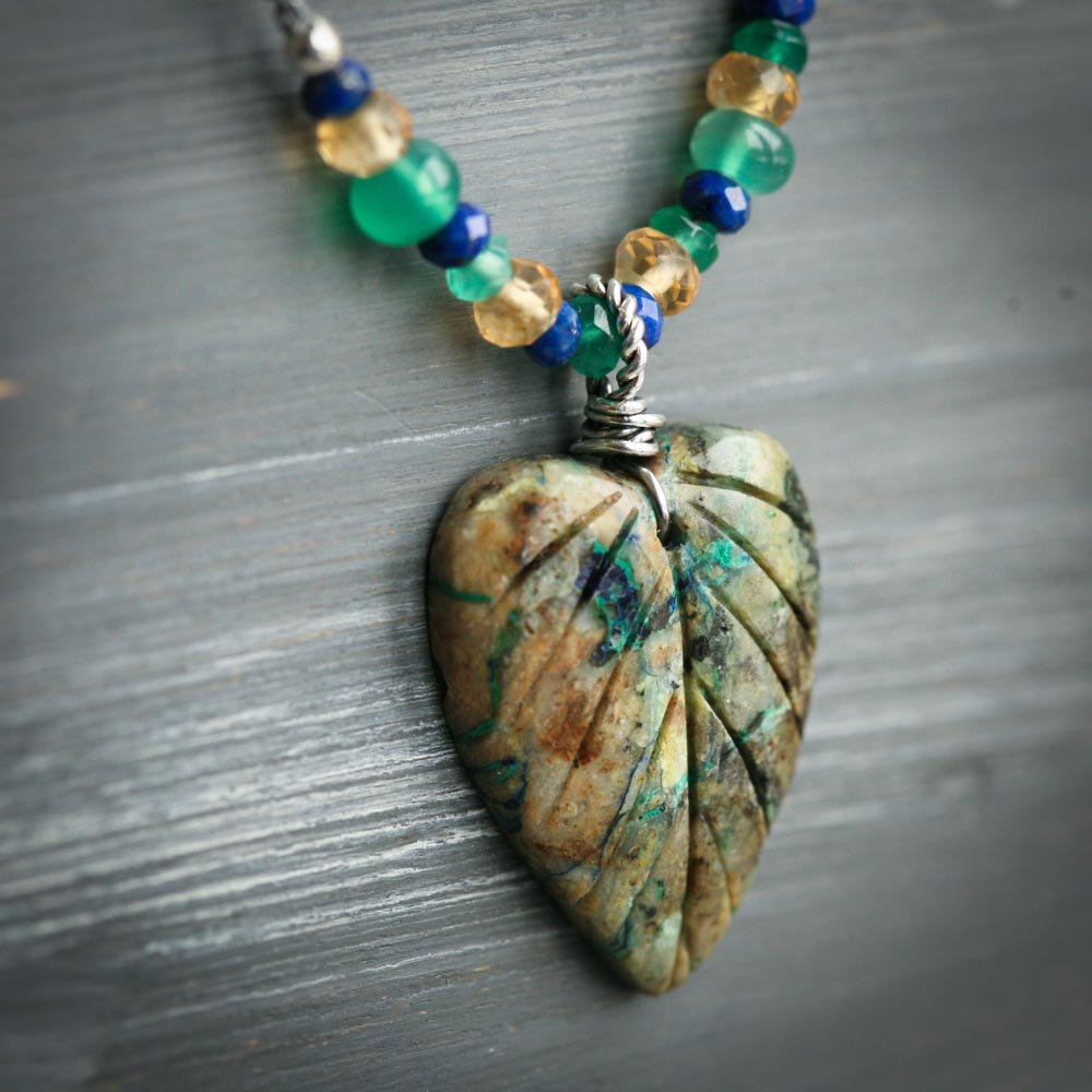 Earthy -  Chrysocolla Heart Leaf Chalcedony Lapis Citrine Sterling Silver Necklace