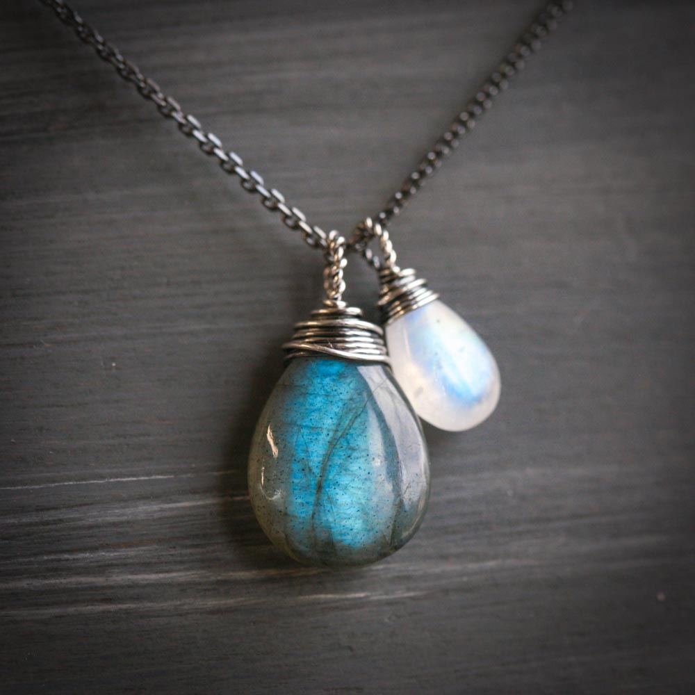 Dark Side of the Moon - Labradorite and Moonstone Wire Wrapped Sterling Silver Necklace