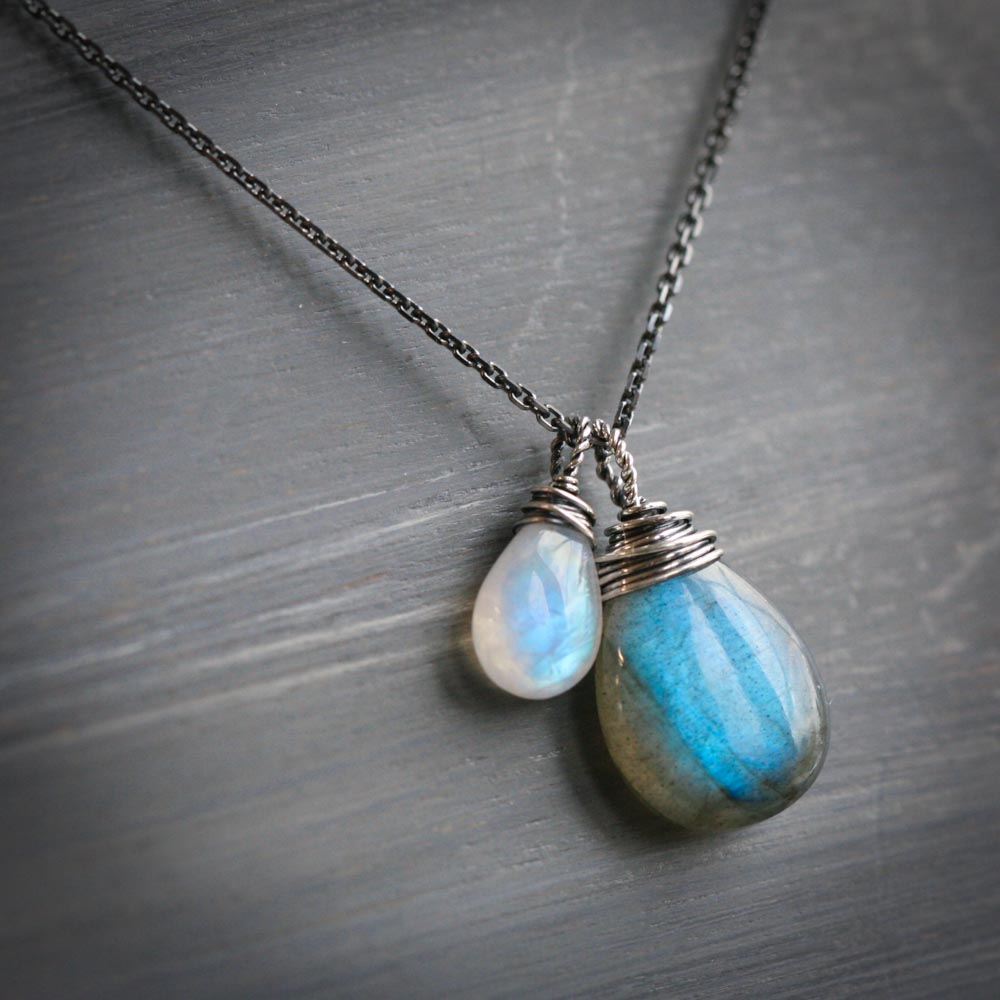 Dark Side of the Moon - Labradorite and Moonstone Wire Wrapped Sterling Silver Necklace
