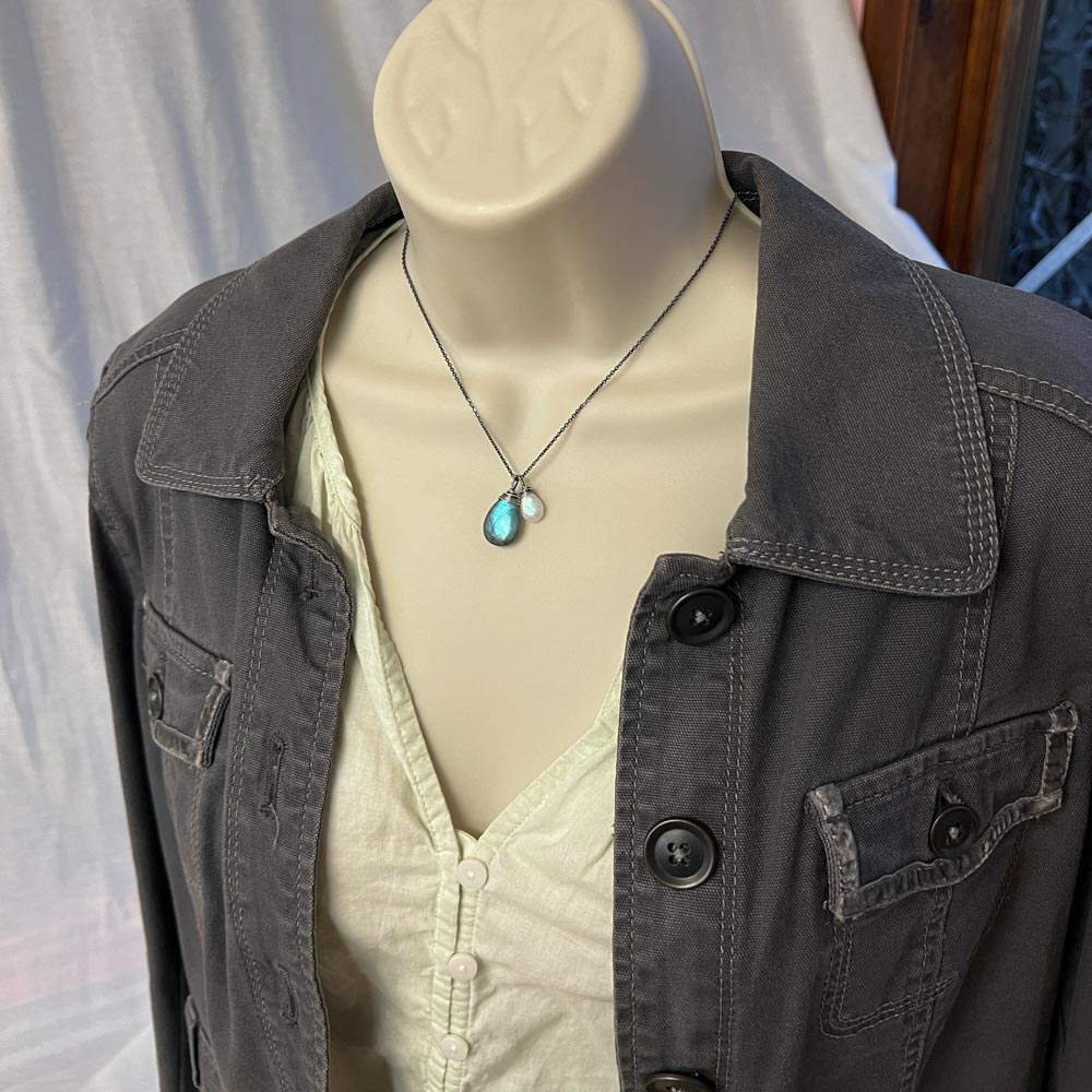 Dark Side of the Moon - Labradorite and Moonstone Wire Wrapped Sterling Silver Necklace