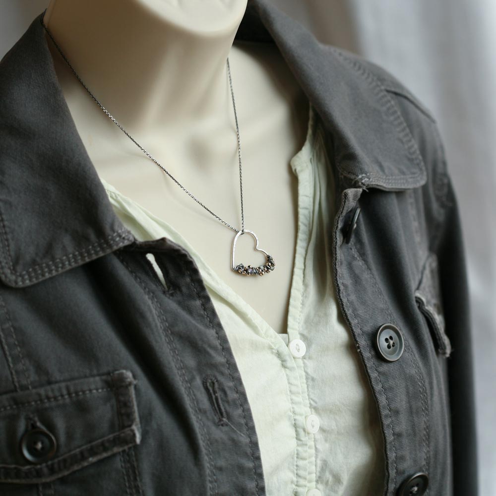 Knotted Heart - Free Form Wire Wrapped Heart with Gold Filled Accent Beads Sterling Silver Neckalce