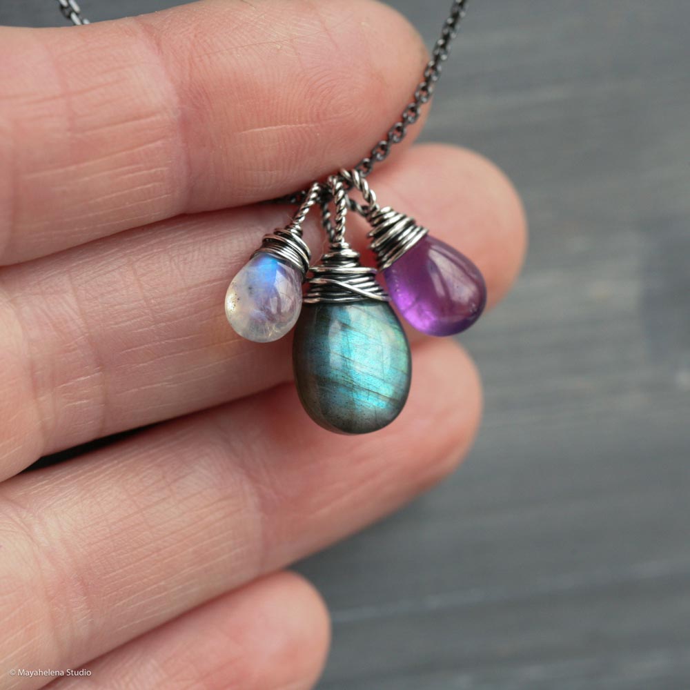 Second Moon  -  Labradorite Amethyst Moonstone Wire Wrapped Sterling Silver Necklace