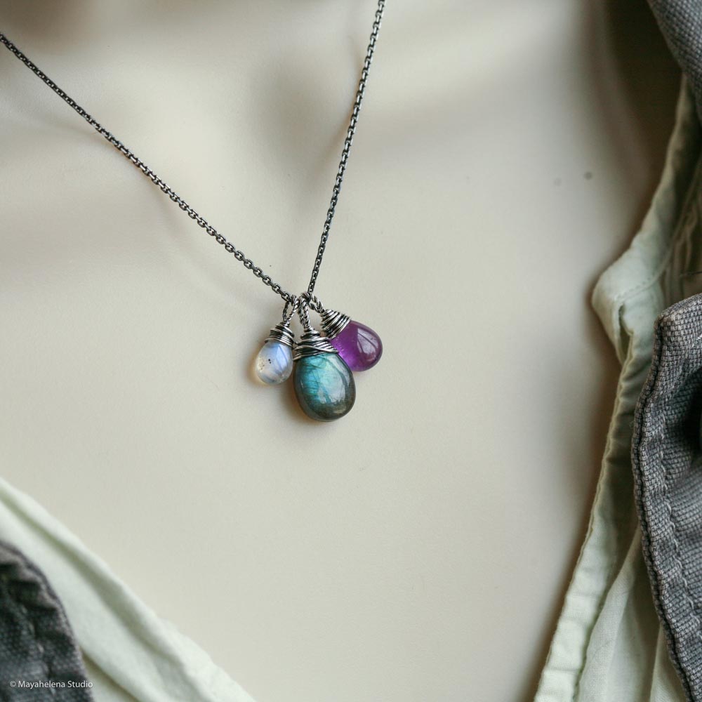 Second Moon  -  Labradorite Amethyst Moonstone Wire Wrapped Sterling Silver Necklace