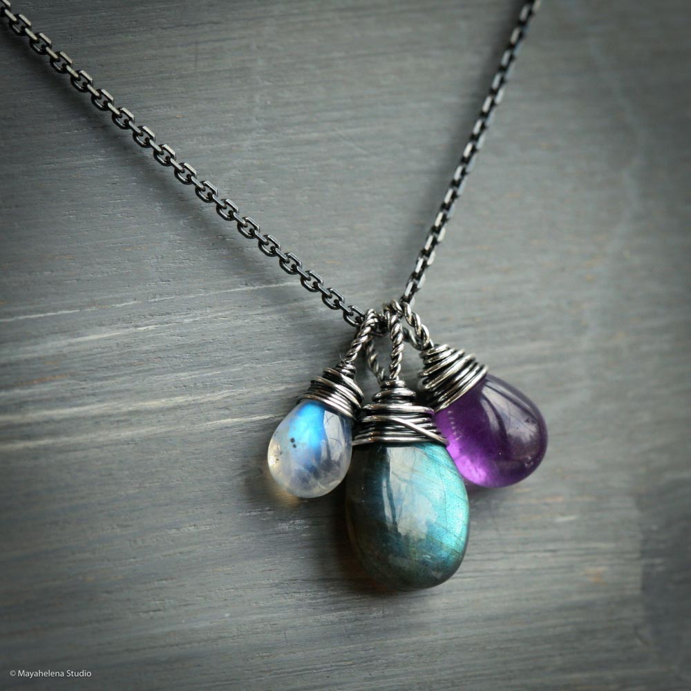 Second Moon  -  Labradorite Amethyst Moonstone Wire Wrapped Sterling Silver Necklace