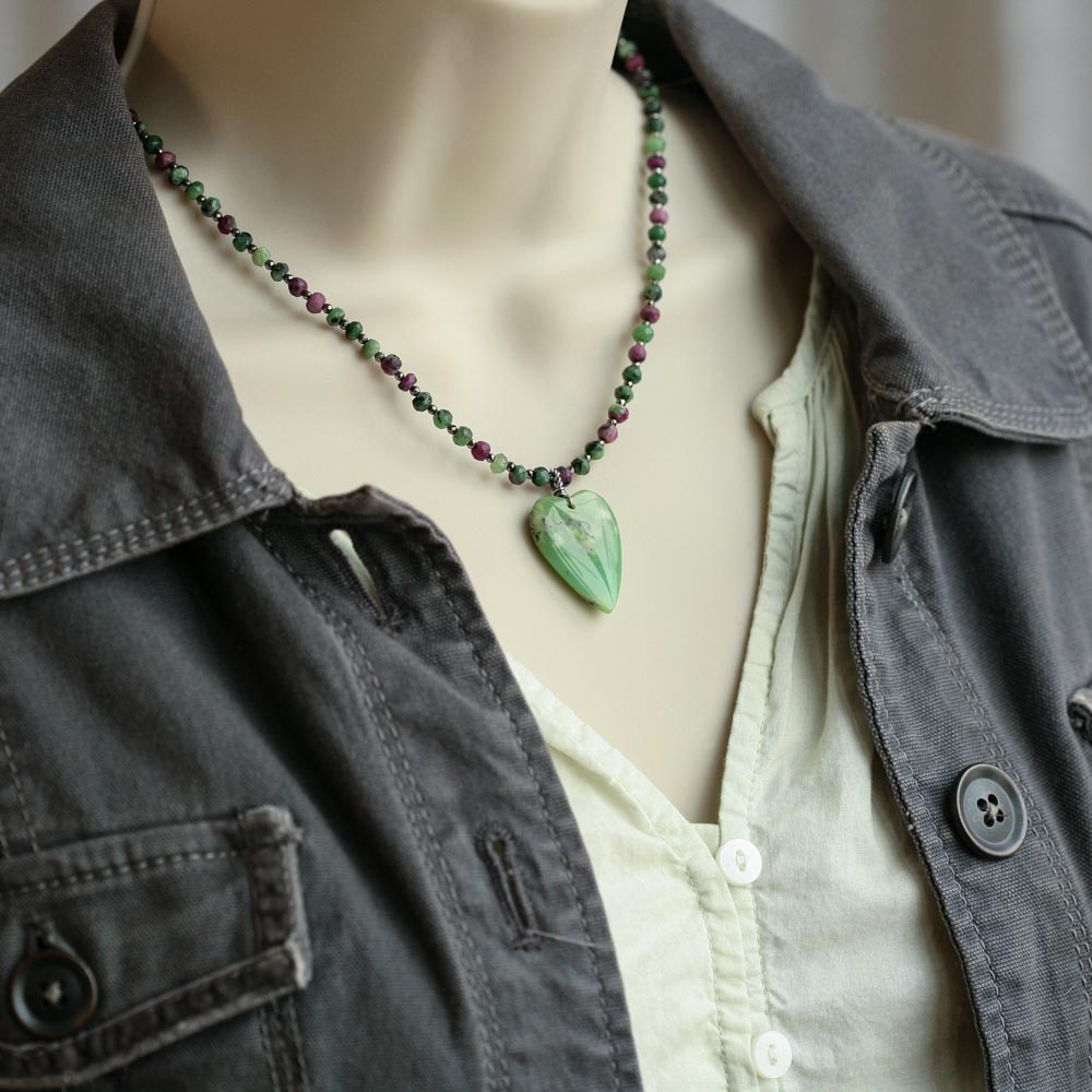 April Love -  Serpentine Heart Ruby in Zoisite Pyrite Sterling Silver Necklace