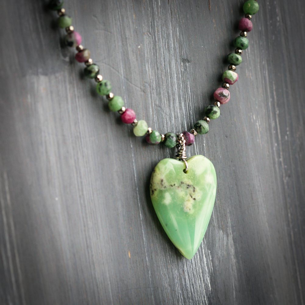 April Love -  Serpentine Heart Ruby in Zoisite Pyrite Sterling Silver Necklace