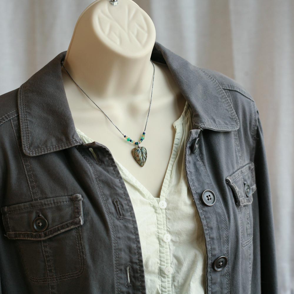 Earthy -  Chrysocolla Heart Leaf Chalcedony Lapis Citrine Sterling Silver Necklace