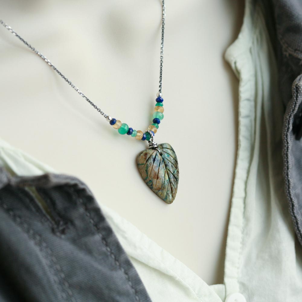 Earthy -  Chrysocolla Heart Leaf Chalcedony Lapis Citrine Sterling Silver Necklace