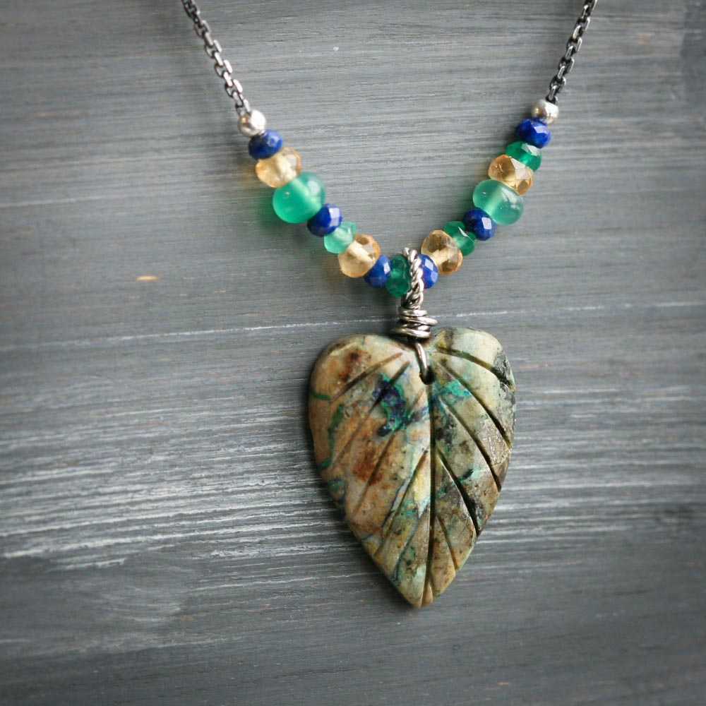 Earthy -  Chrysocolla Heart Leaf Chalcedony Lapis Citrine Sterling Silver Necklace