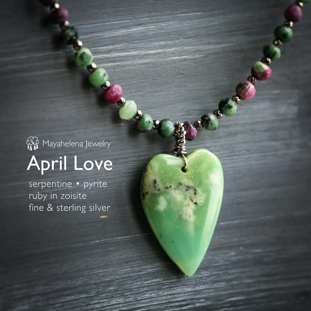 April Love -  Serpentine Heart Ruby in Zoisite Pyrite Sterling Silver Necklace