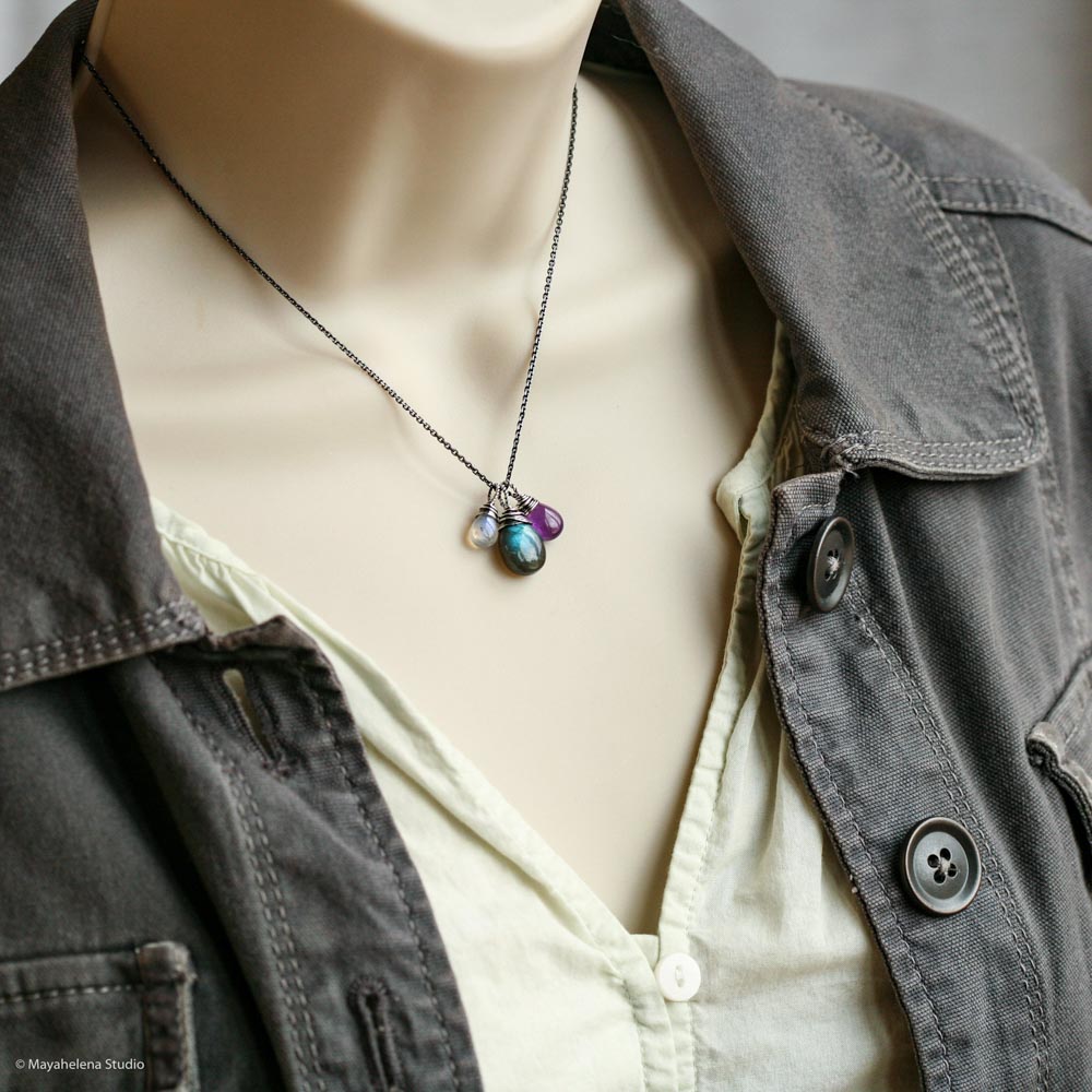 Second Moon  -  Labradorite Amethyst Moonstone Wire Wrapped Sterling Silver Necklace