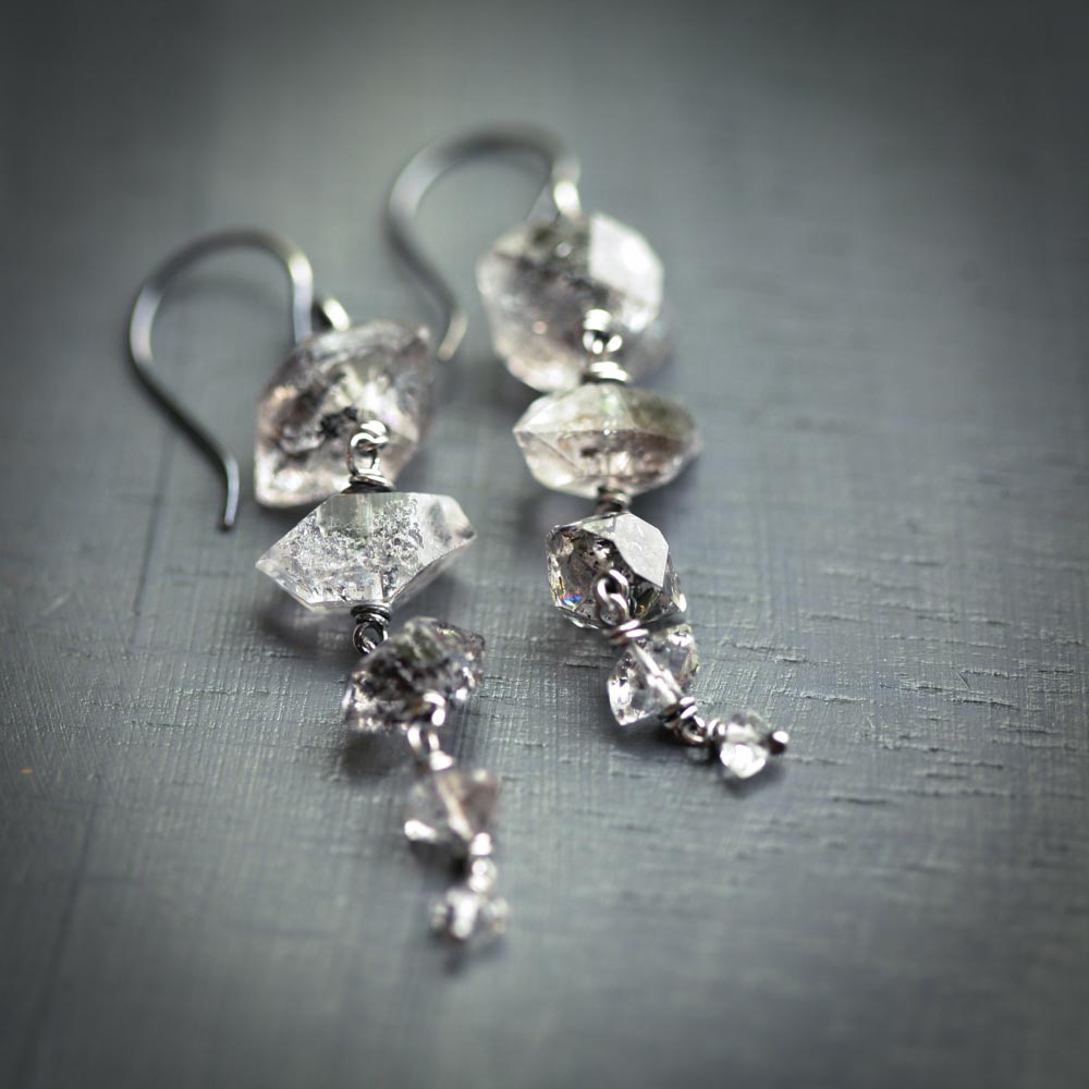 It's Raining Diamonds on Saturn - Included Herkimer Diamond Quartz Oxidized Sterling Silver Earrings