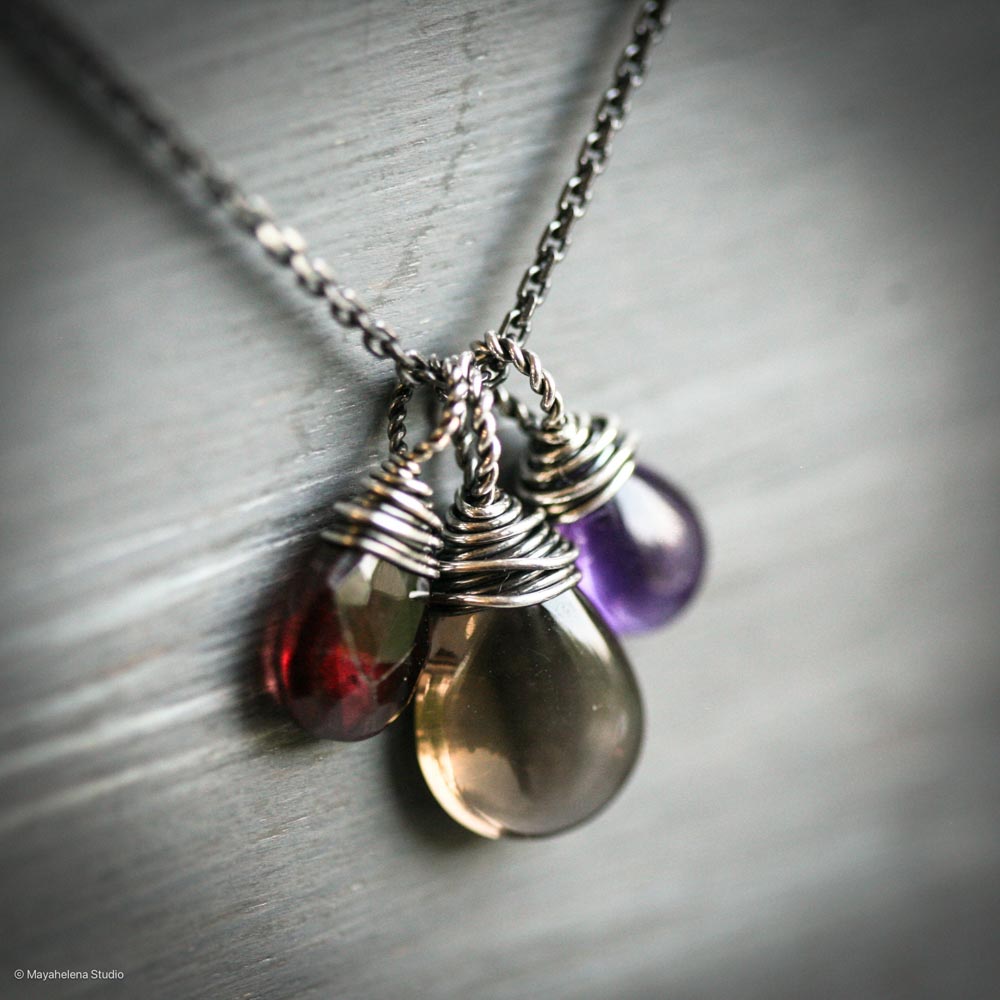 Focus & Lead Gemstone Trio - Smoky Quartz, Amethyst and Garnet Sterling Silver Wire Wrapped Necklace