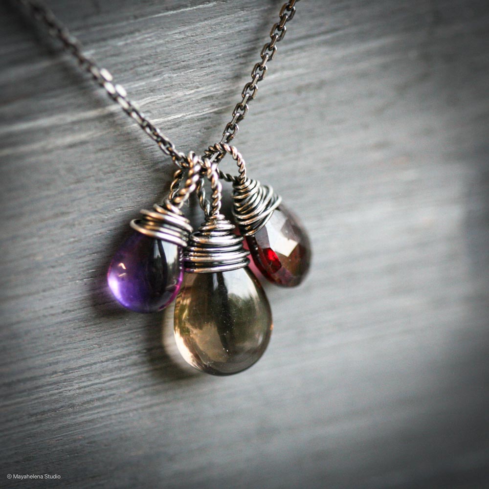 Focus & Lead Gemstone Trio - Smoky Quartz, Amethyst and Garnet Sterling Silver Wire Wrapped Necklace