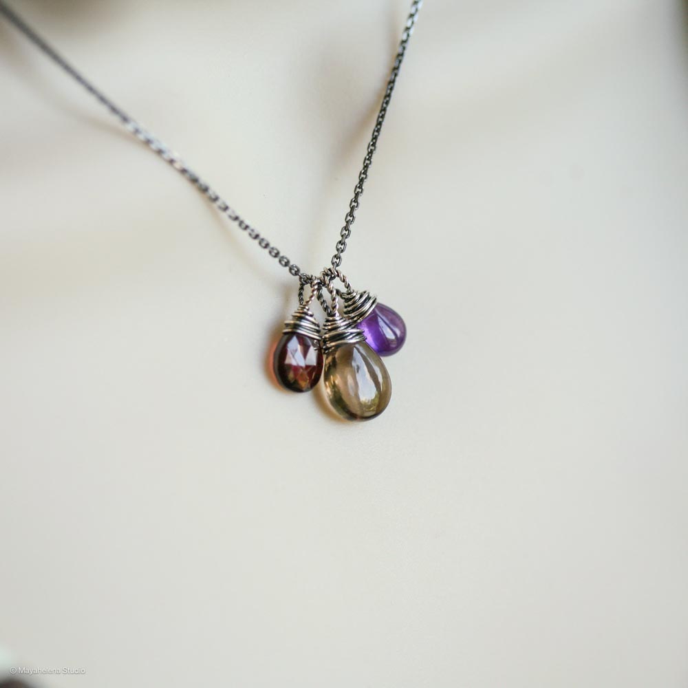 Focus & Lead Gemstone Trio - Smoky Quartz, Amethyst and Garnet Sterling Silver Wire Wrapped Necklace