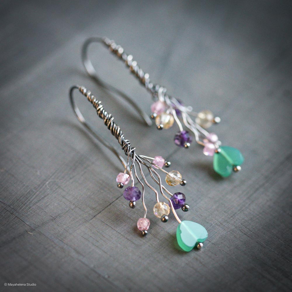 Chalcedony Heart Sterling Silver Earrings: Amethyst Citrine Jewelry