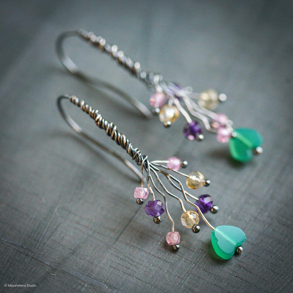 Chalcedony Heart Sterling Silver Earrings: Amethyst Citrine Jewelry