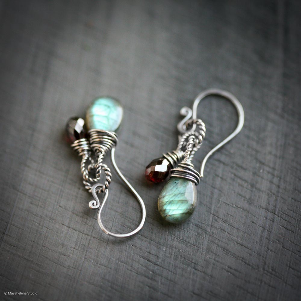 Dragon's Heart - Labradorite and Garnet Wire Wrapped Sterling Silver Earrings