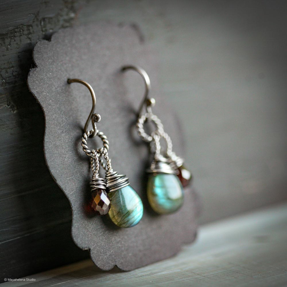 Dragon's Heart - Labradorite and Garnet Wire Wrapped Sterling Silver Earrings