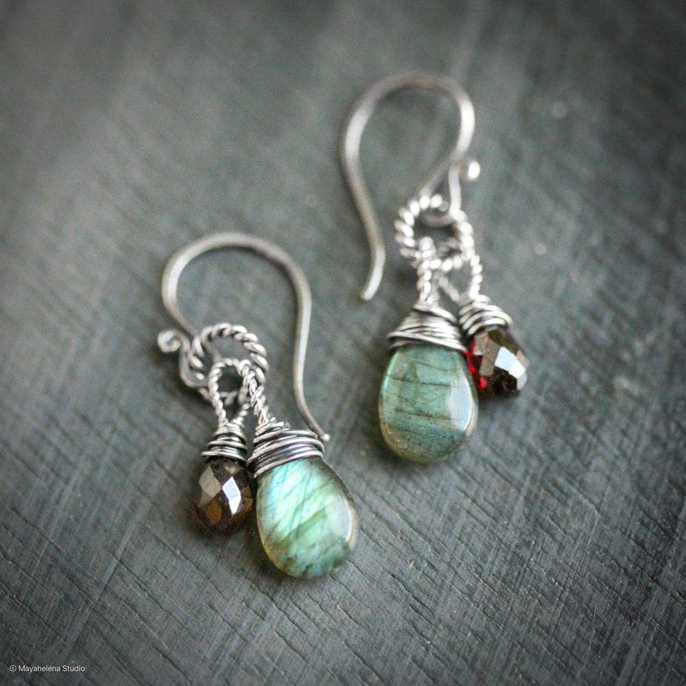 Dragon's Heart - Labradorite and Garnet Wire Wrapped Sterling Silver Earrings