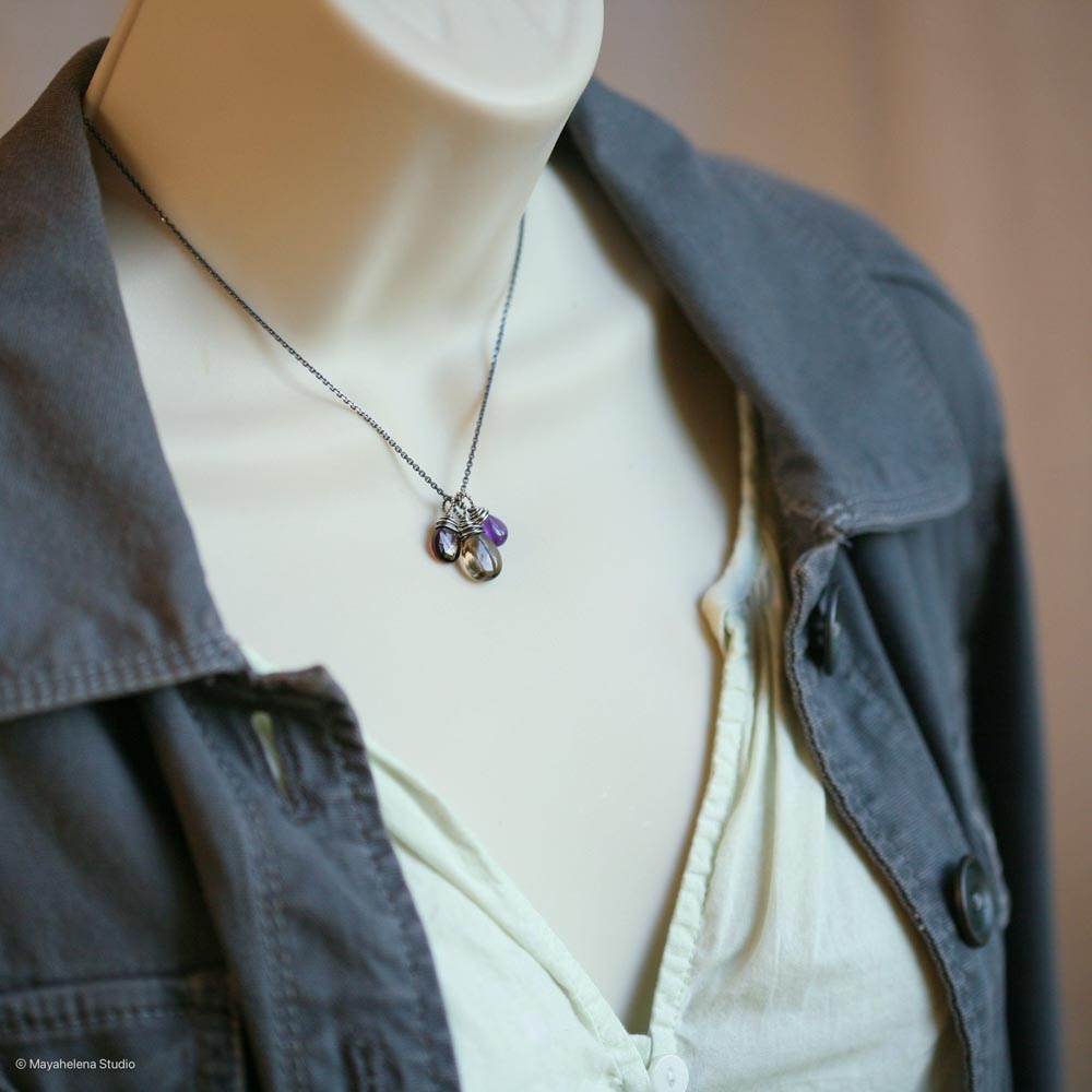 Focus & Lead Gemstone Trio - Smoky Quartz, Amethyst and Garnet Sterling Silver Wire Wrapped Necklace