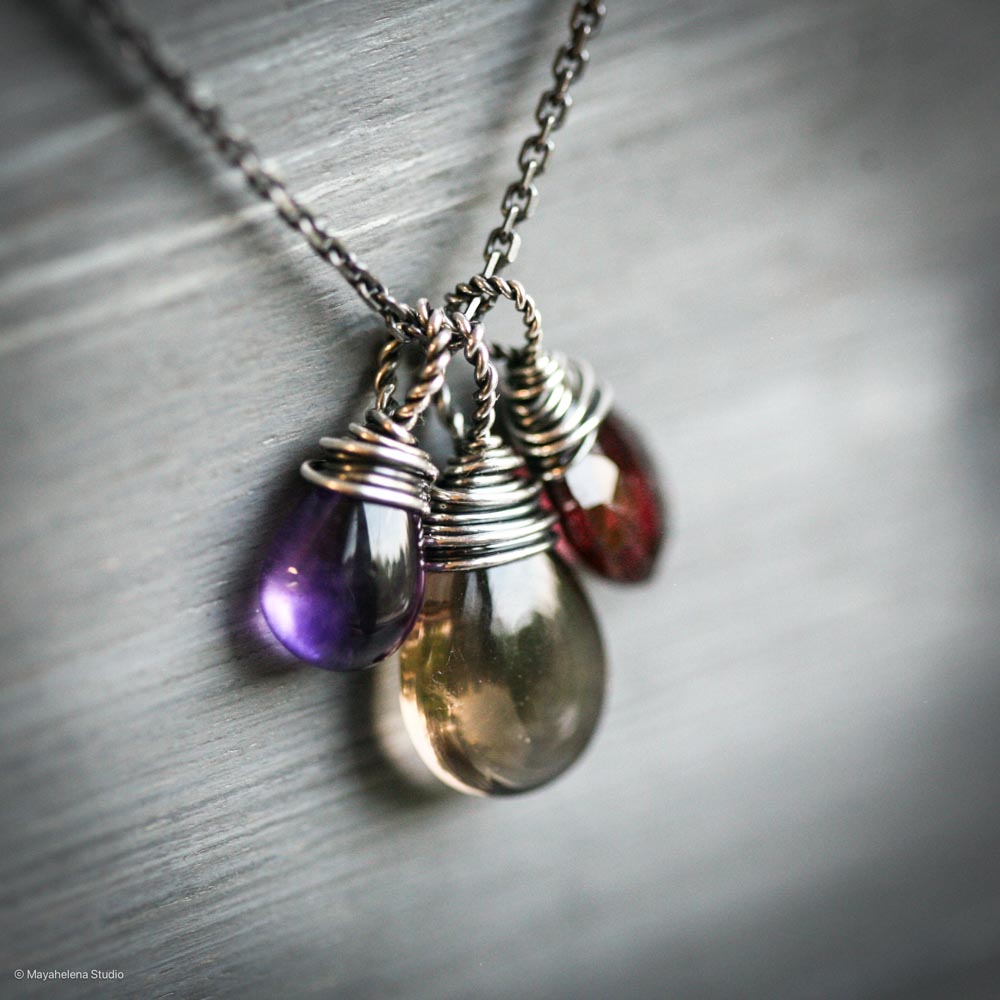 Focus & Lead Gemstone Trio - Smoky Quartz, Amethyst and Garnet Sterling Silver Wire Wrapped Necklace